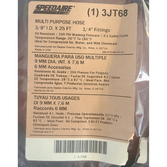 Speedaire 3JT68 3/8" ID X 25 Ft Epdm Coupled Multipurpose Air Hose 200 Psi NEW - Picture 4 of 4